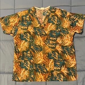 Woman’s Tropical Print Short-Sleeve Scrub Shirt in Teal & Mustard